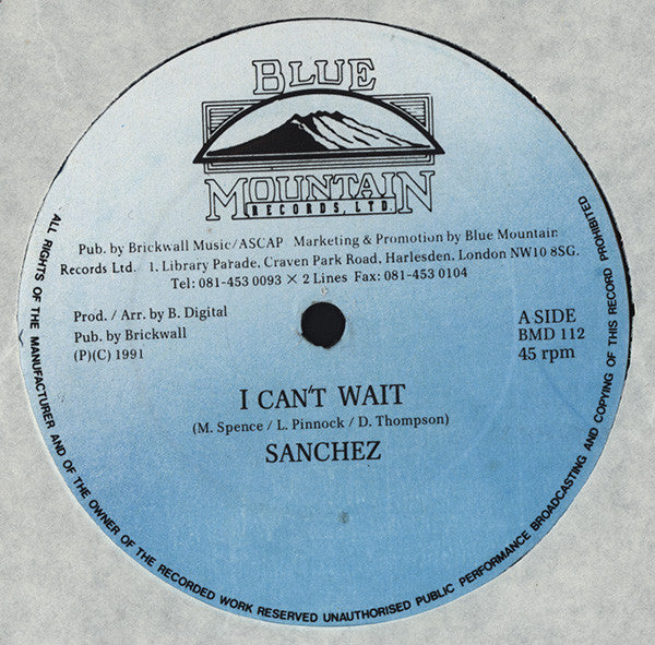Sanchez : I Can't Wait (12", Blu)