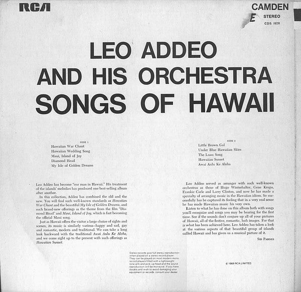 Leo Addeo And His Orchestra : Songs Of Hawaii (LP, Album, RE)