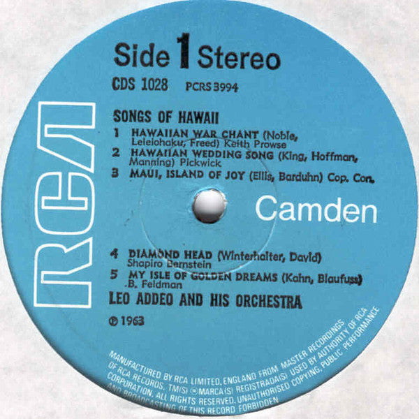 Leo Addeo And His Orchestra : Songs Of Hawaii (LP, Album, RE)