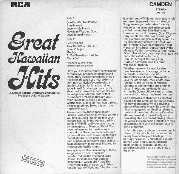 Leo Addeo And His Orchestra : Great Hawaiian Hits (LP, Comp)