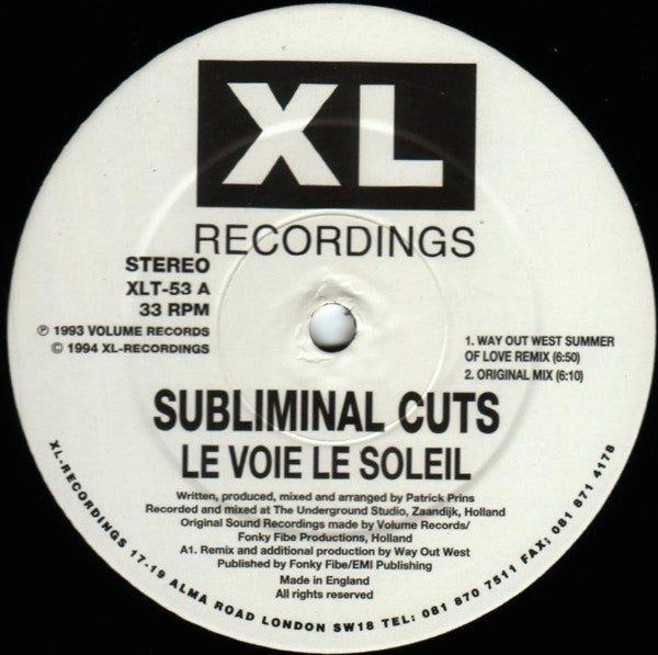 Subliminal Cuts : Le Voie Le Soleil (12", Single, Promo)