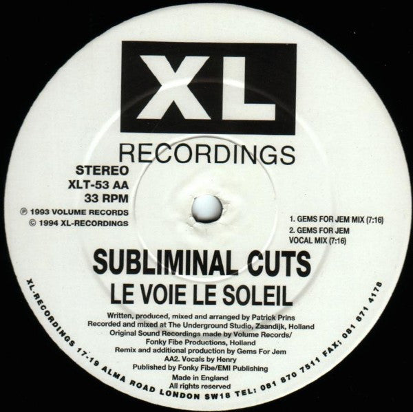 Subliminal Cuts : Le Voie Le Soleil (12", Single, Promo)