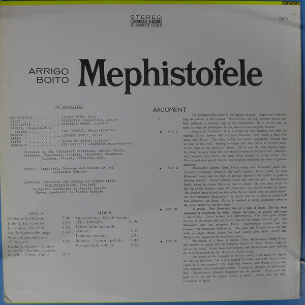 Arrigo Boito - Giulio Neri, Ferruccio Tagliavini, Marcella Pobbe, Ebe Ticozzi, Armando Benzi, Disma De Cecco, Ede Marietti Gandolfo, Orchestra Sinfonica Di Torino Della RAI cond. by Angelo Questa, Coro Di Torino Della RAI cond. by Adolfo Fanfani : Highlights From Mephistofele (LP)