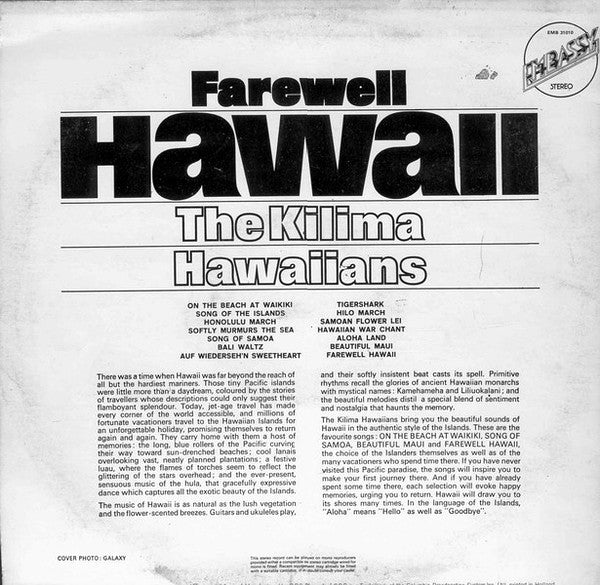 De Kilima Hawaiians : Farewell Hawaii (LP, Album, RE)