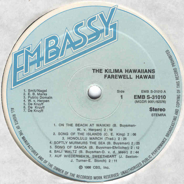 De Kilima Hawaiians : Farewell Hawaii (LP, Album, RE)