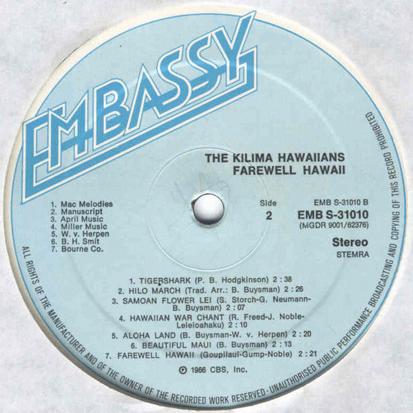 De Kilima Hawaiians : Farewell Hawaii (LP, Album, RE)