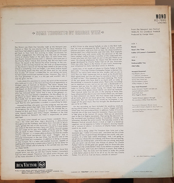 Newport Parker Tribute All Stars : Tribute To Charlie Parker From The Newport Jazz Festival (LP, Album, Mono)