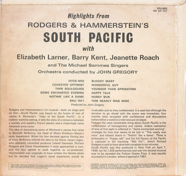 Elizabeth Larner, Barry Kent, Jeanette Roach And The Mike Sammes Singers : South Pacific (LP, RE)