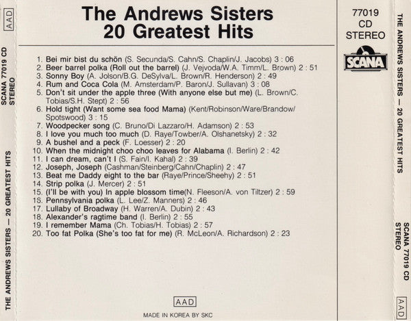 The Andrews Sisters : 20 Greatest Hits (CD, Comp)