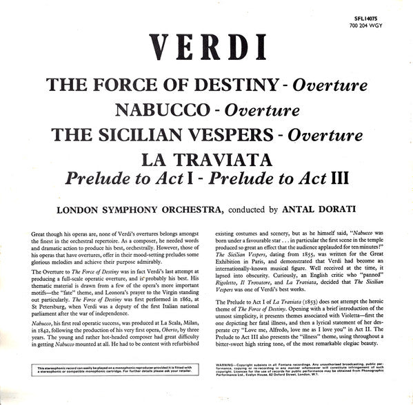 Giuseppe Verdi, London Symphony Orchestra, Antal Dorati : Overtures - The Force Of Destiny / Nabucco / The Sicilian Vespers / La Traviata: Preludes To Acts I And III (LP, RE)