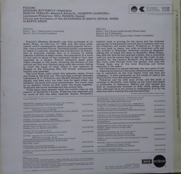 Giacomo Puccini / Renata Tebaldi, Nell Rankin, Giuseppe Campora, Coro dell'Accademia Nazionale di Santa Cecilia And Orchestra dell'Accademia Nazionale di Santa Cecilia, Alberto Erede : Highlights From Madama Butterfly (LP)