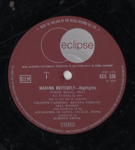 Giacomo Puccini / Renata Tebaldi, Nell Rankin, Giuseppe Campora, Coro dell'Accademia Nazionale di Santa Cecilia And Orchestra dell'Accademia Nazionale di Santa Cecilia, Alberto Erede : Highlights From Madama Butterfly (LP)