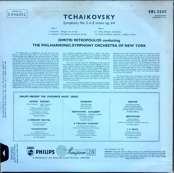 Pyotr Ilyich Tchaikovsky, Dimitri Mitropoulos Conducting Philharmonic-Symphony Orchestra Of New York : Symphony No. 5 In E Minor, Op. 64 (LP)
