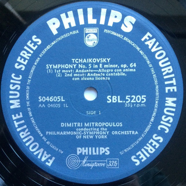 Pyotr Ilyich Tchaikovsky, Dimitri Mitropoulos Conducting Philharmonic-Symphony Orchestra Of New York : Symphony No. 5 In E Minor, Op. 64 (LP)