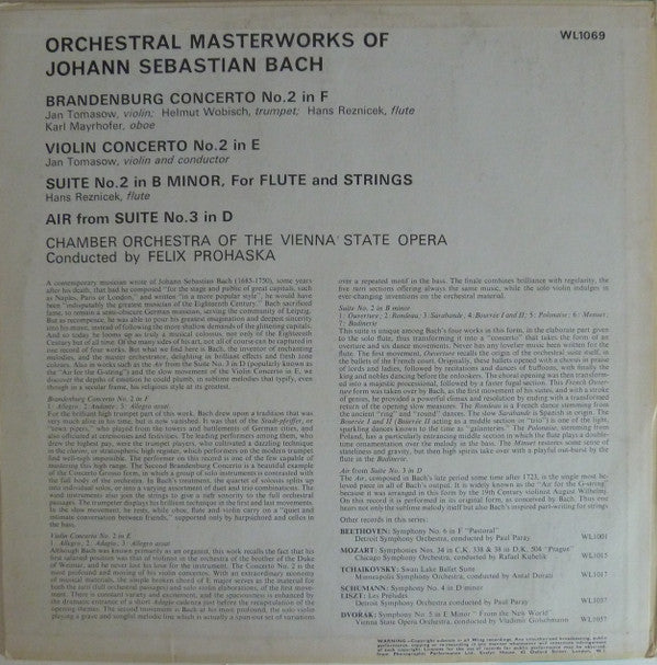Johann Sebastian Bach, Chamber Orchestra Of The Vienna State Opera Conducted By Felix Prohaska : Orchestral Masterworks Of J.S. Bach (LP)