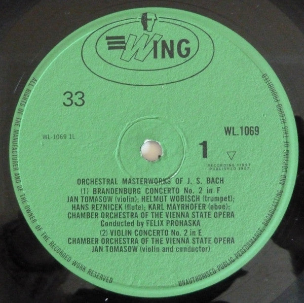 Johann Sebastian Bach, Chamber Orchestra Of The Vienna State Opera Conducted By Felix Prohaska : Orchestral Masterworks Of J.S. Bach (LP)