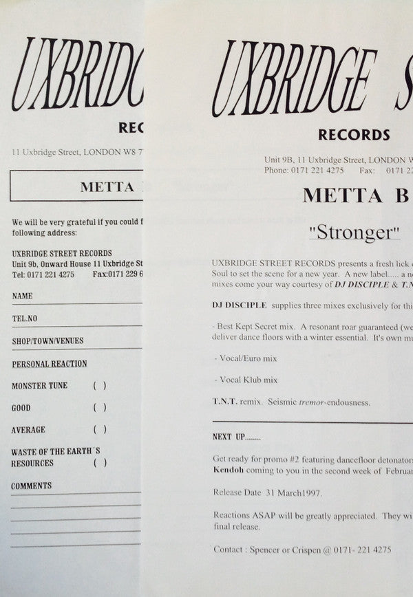 Metta Bhavna : Stronger (12", Promo, W/Lbl)