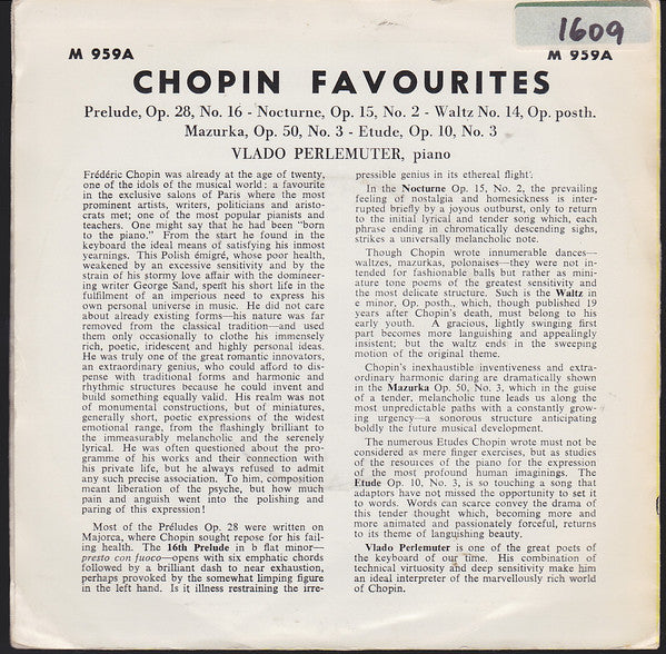 Frédéric Chopin - Vlado Perlemuter : Chopin Favoriten (7", Mono)