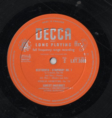 Ludwig van Beethoven, L'Orchestre De La Suisse Romande, Ernest Ansermet : Symphony No.7 / Fidelio Overture (LP, Album, Mono)