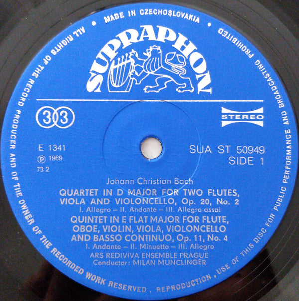 Wolfgang Amadeus Mozart, Johann Christian Bach, Ars Rediviva Ensemble : Flute- Quartet In D Adagio And Rondo, Köch. 617 (Glasharmonica-Quintet) • Quartet In D Major • Quintet In E Major (LP, RP)