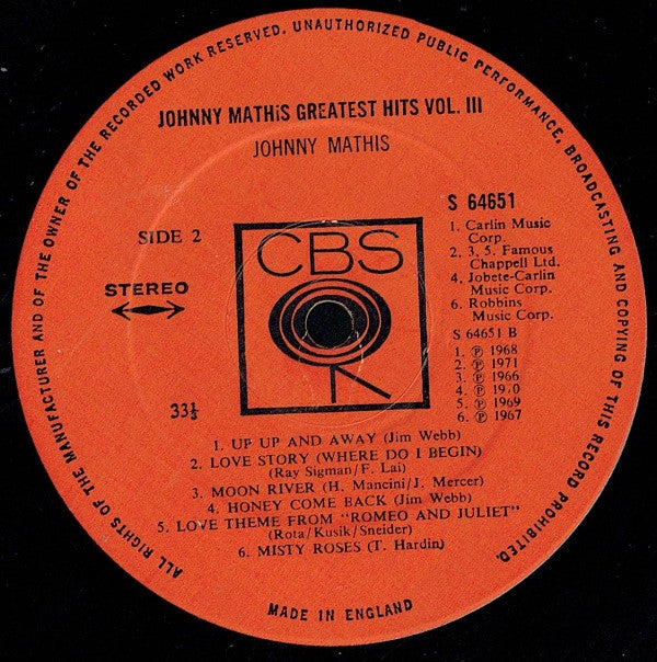 Johnny Mathis : Greatest Hits Vol. 3 (LP, Comp)