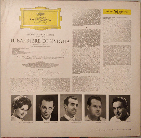Gioacchino Rossini / Gianna D'Angelo, Nicola Monti, Renato Capecchi, Giorgio Tadeo, Coro Dell' Opera Nazionale Italiana, Symphonie-Orchester Des Bayerischen Rundfunks , Dirigent: Bruno Bartoletti : Il Barbiere Di Siviglia (LP)