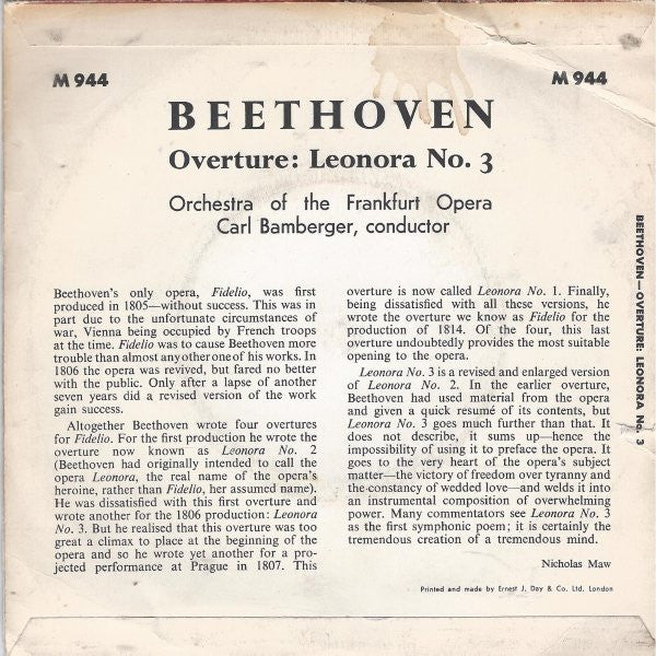 Ludwig van Beethoven, Frankfurter Opern- Und Museumsorchester, Carl Bamberger : Leonora Overture Nº 3 (7")