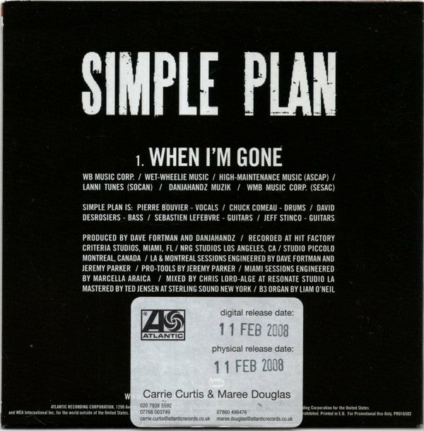 Simple Plan : When I'm Gone (CD, Single, Promo, Car)