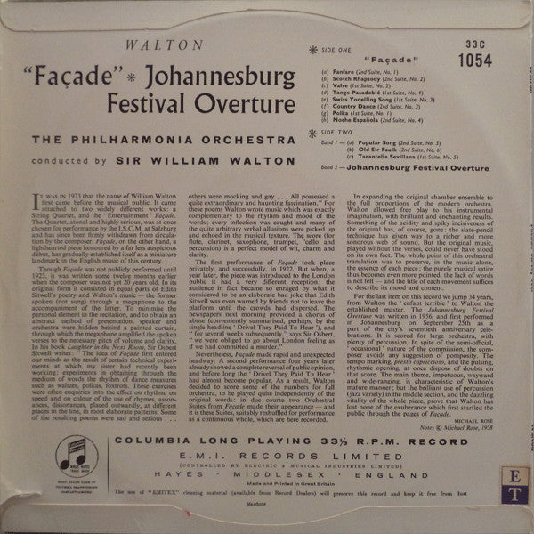 Sir William Walton, Philharmonia Orchestra : Façade Suites 1 And 2 / Johannesburg Festival Overture (10", Mono)