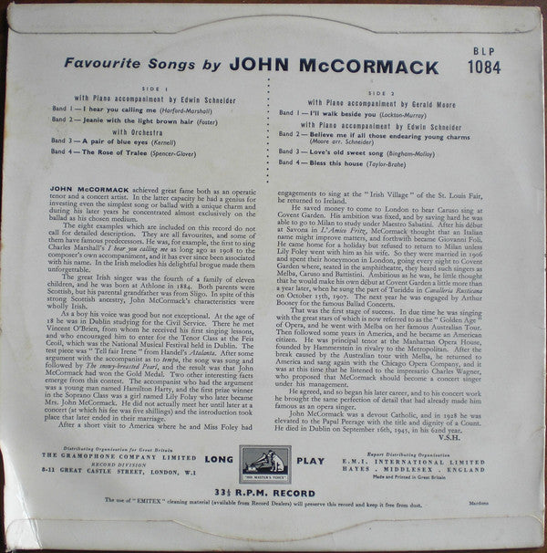 John McCormack (2) : Favourite Songs By John McCormack (10", Comp)