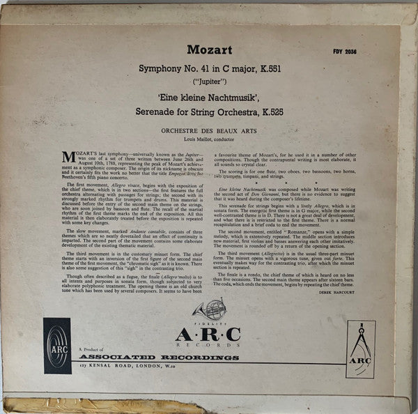 Wolfgang Amadeus Mozart, L' Orchestre Des Beaux Arts, Louis Maillot : Jupiter Symphony / Eine Kleine Nachtmusik (LP)