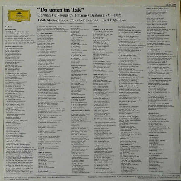 Johannes Brahms, Edith Mathis, Peter Schreier, Karl Engel : Da Unten Im Tale -  Brahms: Deutsche Volkslieder (LP, Album)