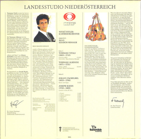 Tomaso Antonio Vitali, Tomaso Albinoni, Johann Pachelbel, Joseph Haydn, Tonkuenstler Kammerorchester, Wien, Bijan Khadem-Missagh : Internationales Kammermusikfestival Austria / Musik Für Streicher (LP)
