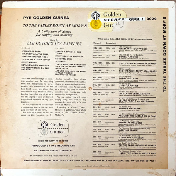 Lee Gotch's Ivy Barflies : To The Tables Down At Mory's (LP, Album, RE)