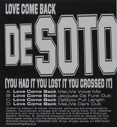 DeSoto (5) : Love Come Back (2x12")