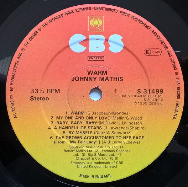 Johnny Mathis with Percy Faith & His Orchestra : Warm (LP, Album, RE)