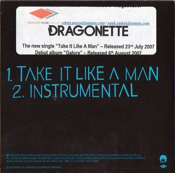 Dragonette : Take It Like A Man (CD, Single, Promo)