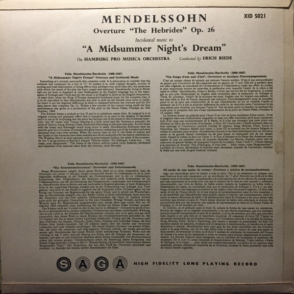 Felix Mendelssohn-Bartholdy, The Hamburg Pro Musica Conducted By Erich Riede : A Midsummer Night's Dream (LP)