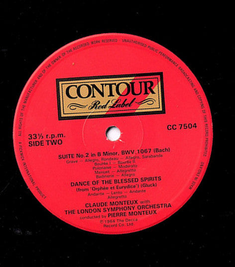 Mozart*  /  Bach*  /  Gluck*  -  Claude Monteux, London Symphony Orchestra, Pierre Monteux : Flute Concerto N°.2 In D / Suite For Flute And Strings / Dance Of The Blessed Spirits (LP, RE)