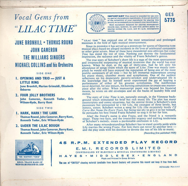 June Bronhill, Thomas Round, John Cameron, The Williams Singers, Michael Collins And His Orchestra : Vocal Gems From Lilac Time (7", EP)