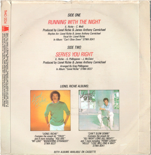 Lionel Richie : Running With The Night (Special Remix) (7", Single, Sol)