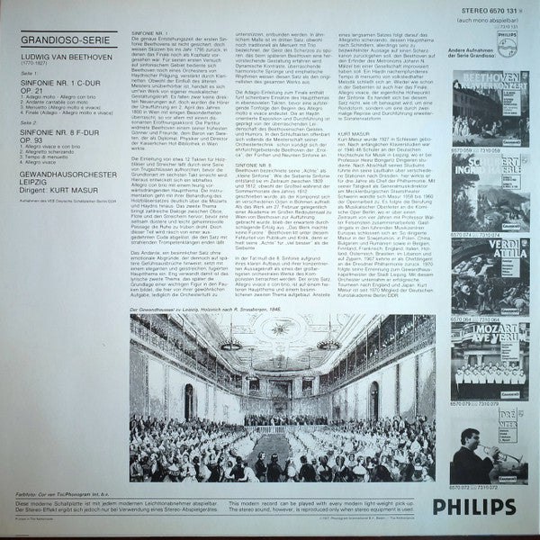 Kurt Masur, Gewandhausorchester Leipzig, Ludwig van Beethoven : Sinfonien 1 & 8 (LP, RE)