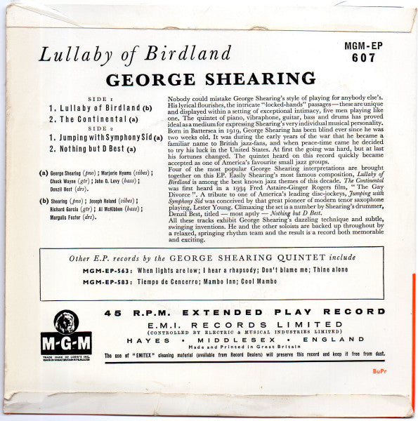 The George Shearing Quintet : Lullaby Of Birdland (7", EP, Ora)