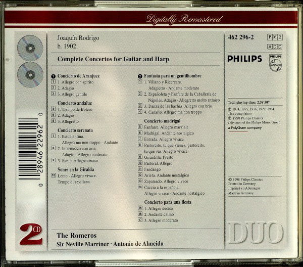 Joaquín Rodrigo • The Romeros / Sir Neville Marriner / Antonio De Almeida : Complete Concertos For Guitar And Harp (2xCD, Comp, RM)