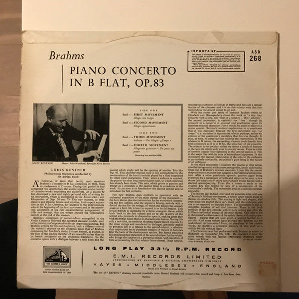 Johannes Brahms  /  Louis Kentner, Philharmonia Orchestra , Conducted By Sir Adrian Boult : Piano Concerto No. 2 In B Flat Major, Op. 83 (LP)