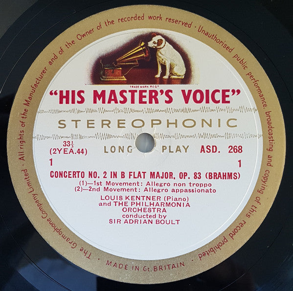 Johannes Brahms  /  Louis Kentner, Philharmonia Orchestra , Conducted By Sir Adrian Boult : Piano Concerto No. 2 In B Flat Major, Op. 83 (LP)
