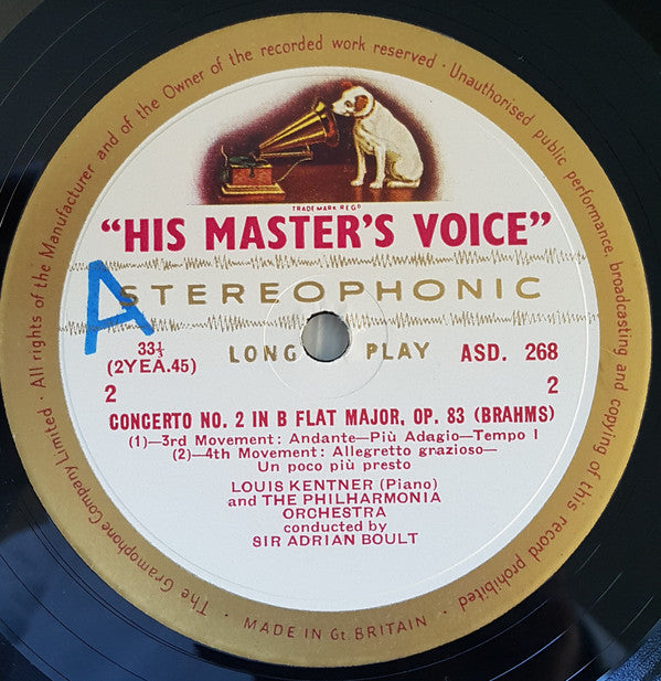 Johannes Brahms  /  Louis Kentner, Philharmonia Orchestra , Conducted By Sir Adrian Boult : Piano Concerto No. 2 In B Flat Major, Op. 83 (LP)