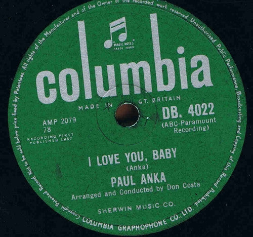 Paul Anka : I Love You, Baby / Tell Me That You Love Me (Shellac, 10")
