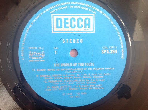 Christoph Willibald Gluck, Georg Friedrich Händel, Giovanni Battista Pergolesi, Johann Sebastian Bach, Domenico Cimarosa, Wolfgang Amadeus Mozart, Ludwig van Beethoven, Claude Debussy, Julius Benedict : The World Of The Flute (LP, Comp)