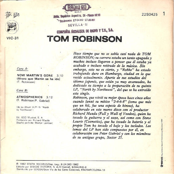 Tom Robinson : Now Martin's Gone (7", Single)